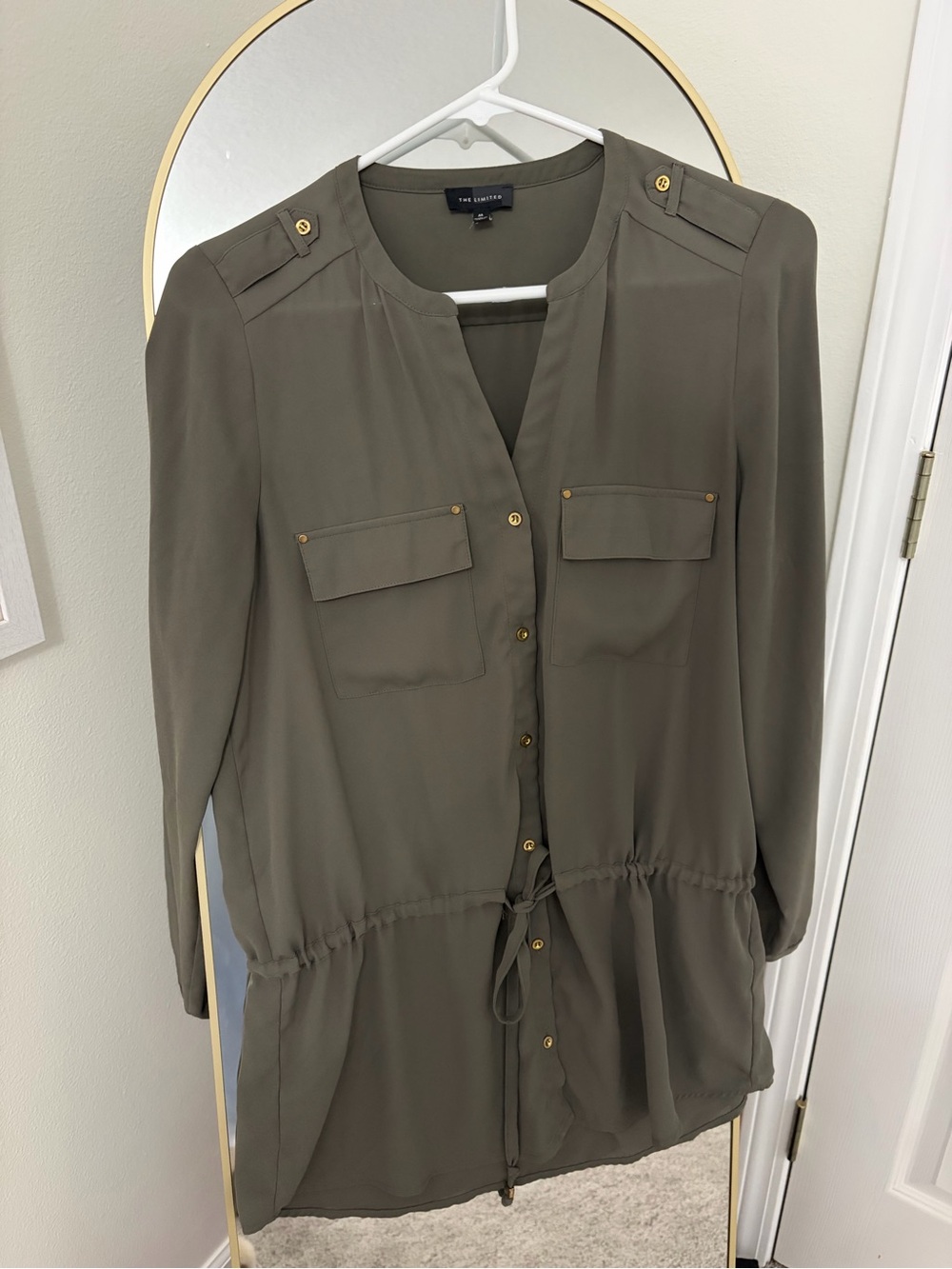 Olive Button-Front Drawstring Tunic